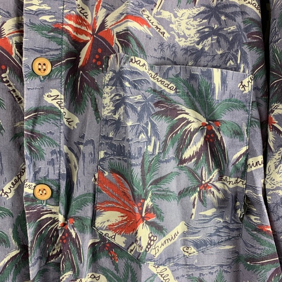 VINTAGE ISLAND SOUL Hawaiian Shirt Blue with Red & Green Palm Trees - Picture 5 of 7
